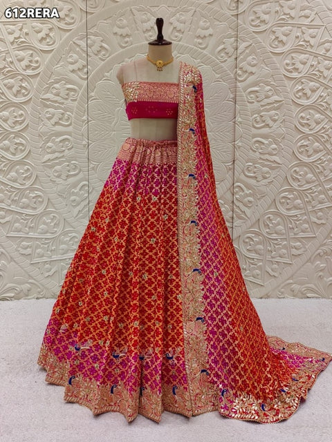 KcPc New  Designer Pure Khaddi Georgette Neemjari Bandhej Ghatchola Gotapatti Lehenga  BT
