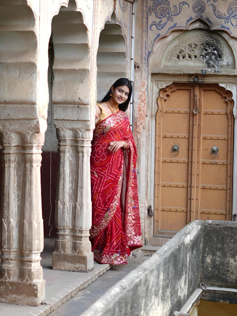 KcPc Pure Georgette Bhandej Zarkan Kasab Pati  Saree  AMT