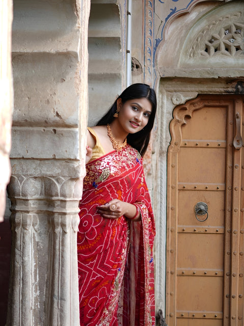 KcPc Pure Georgette Bhandej Zarkan Kasab Pati  Saree  AMT