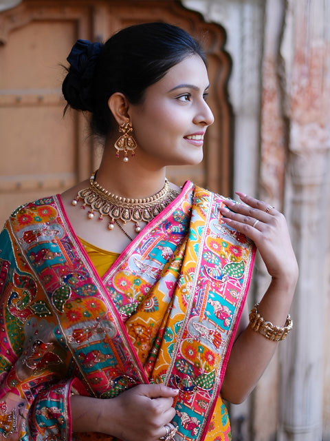 KcPc Traditional Elegance Meenakari Style Katan Silk Saree with Handcrafted Zardosi Work RB