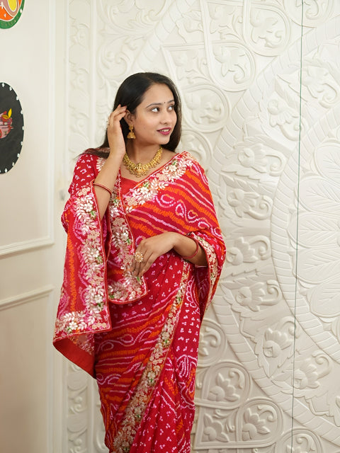 KcPc New Pure Chinon Bandhani Saree with Rich Gota Patti Work  AMT