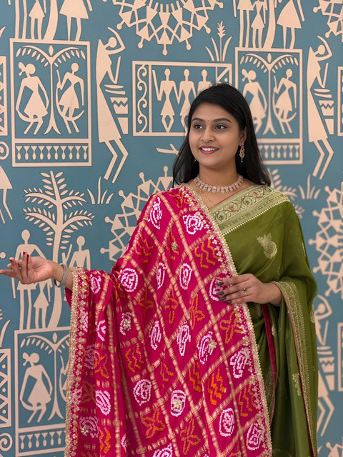 KcPc New Traditional Bandhani Style Gaji Silk Dupatta with Gota Patti Work  AMT