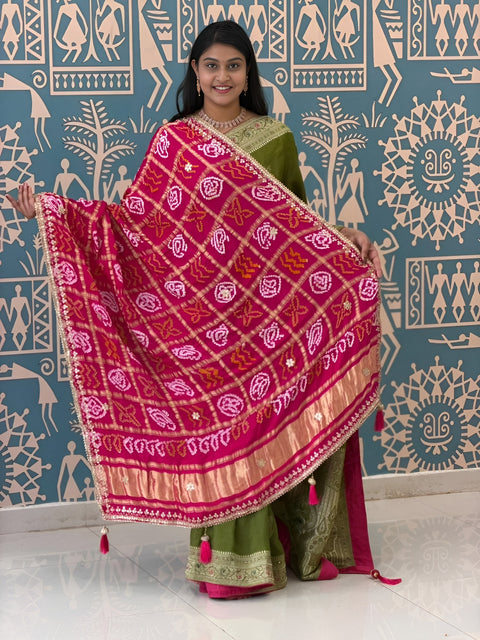 KcPc New Traditional Bandhani Style Gaji Silk Dupatta with Gota Patti Work  AMT