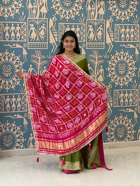 KcPc New Traditional Bandhani Style Gaji Silk Dupatta with Gota Patti Work  AMT