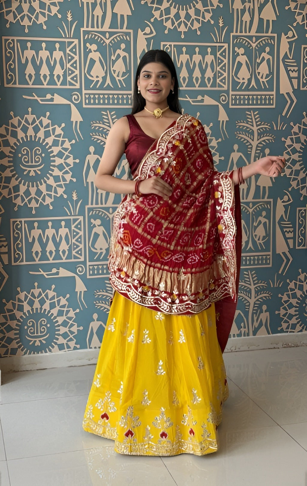 KcPc New Pure Gaji Silk Dupptta GotapattiMoti Foil Work Yellow Red BTU