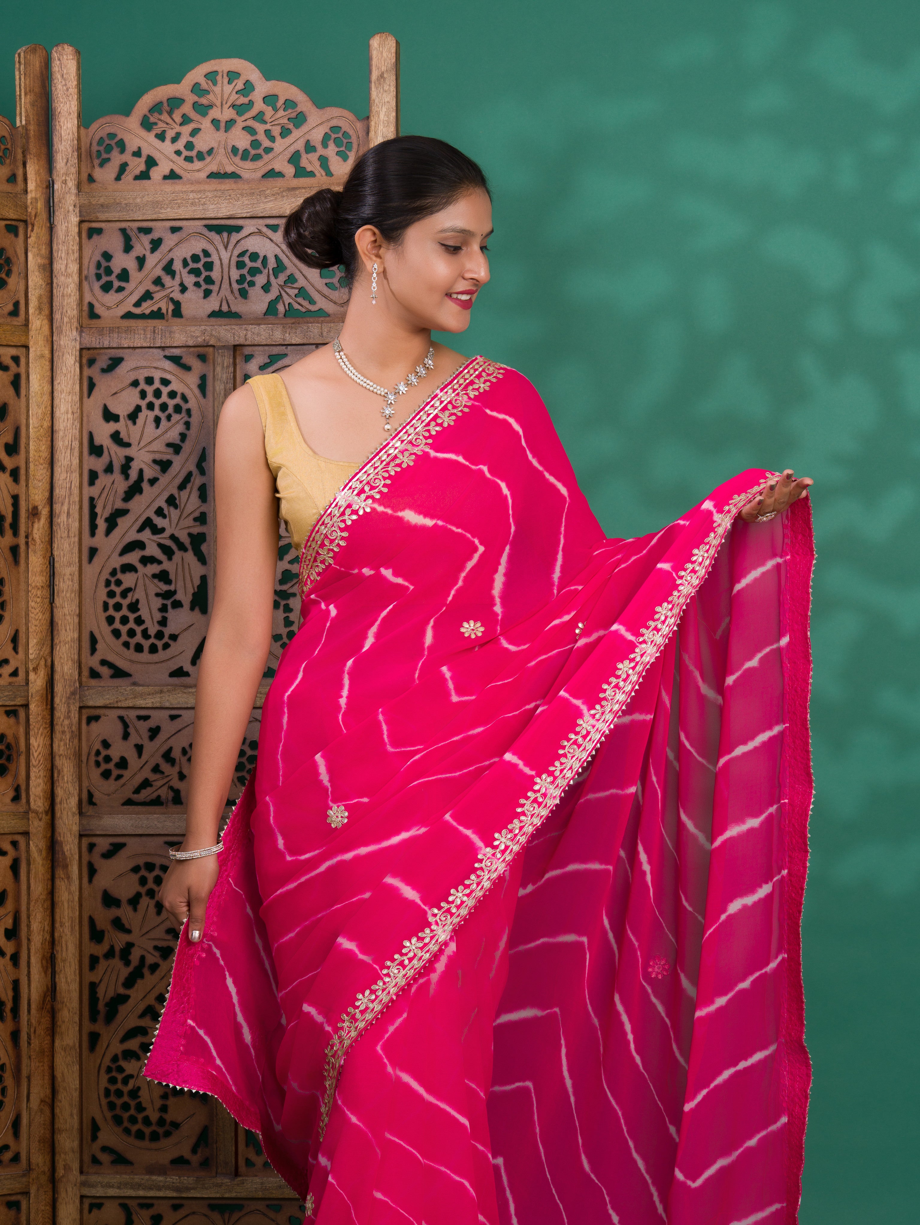 Chiffon Leheriya Style Wih Gotapatti Work Saree in pink colour