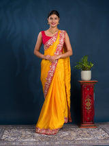 A yellow saree with red borderChinon Silk Bollywood Style With Sequence Gotapatti Work Saree 