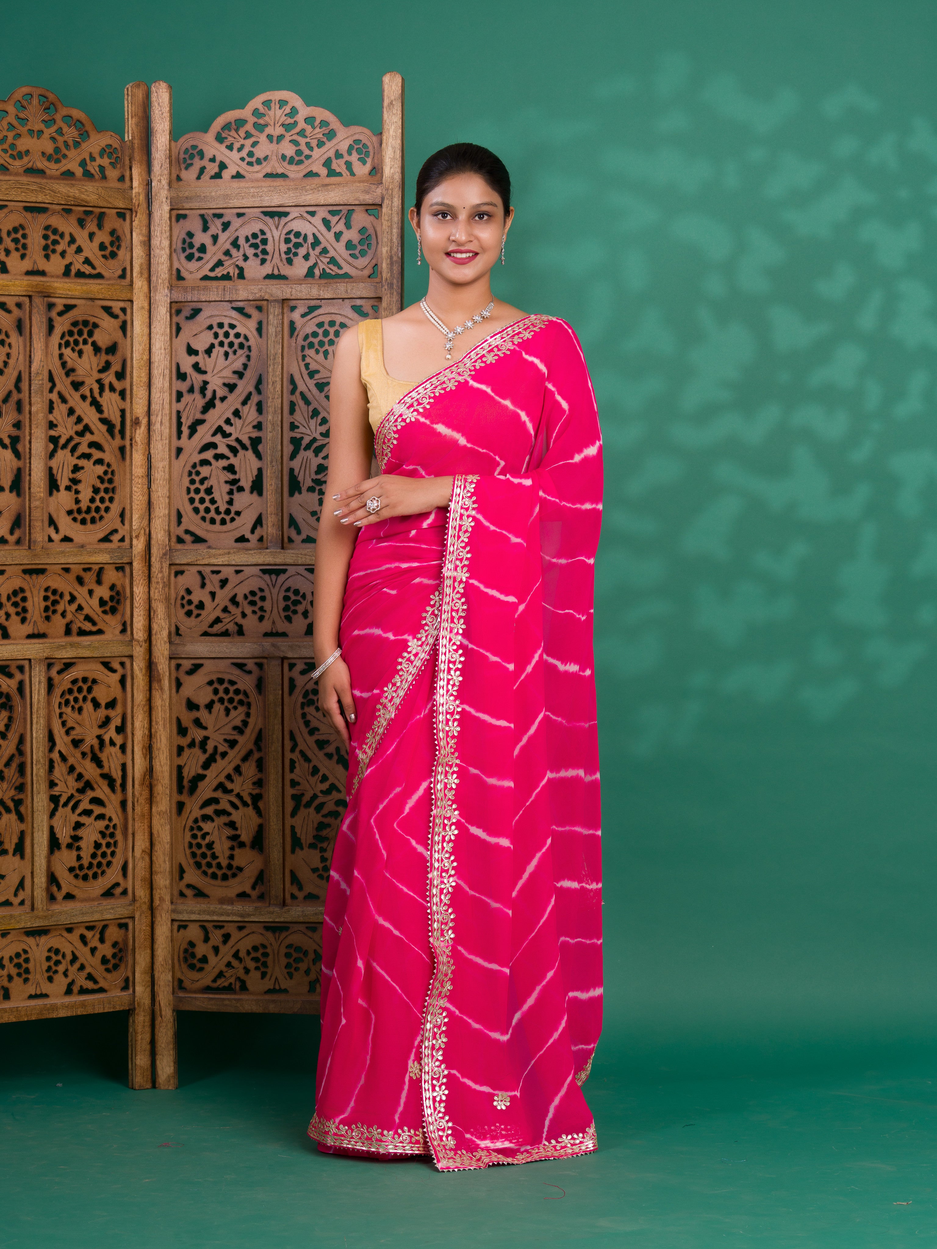 Chiffon Leheriya Style Wih Gotapatti Work Saree in pink colour