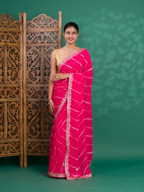 Chiffon Leheriya Style Wih Gotapatti Work Saree in pink colour
