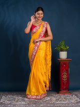 A yellow saree with red borderChinon Silk Bollywood Style With Sequence Gotapatti Work Saree 