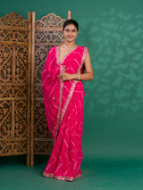Chiffon Leheriya Style Wih Gotapatti Work Saree in pink colour