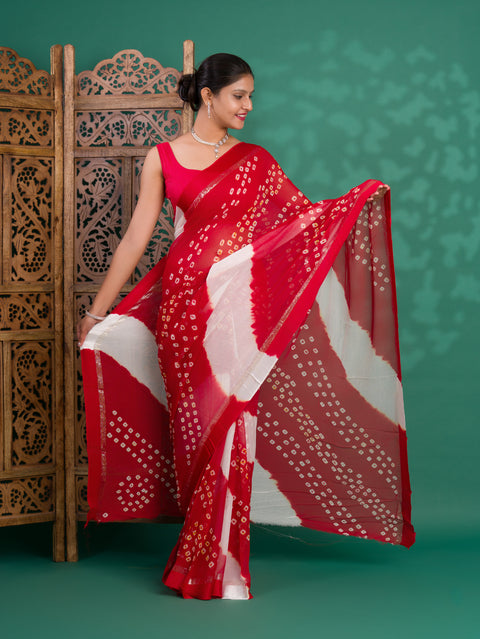 KcPc New Pure Georgette Multi Colour Satin Patta Border Bandhni saree  LAL
