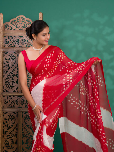 KcPc New Pure Georgette Multi Colour Satin Patta Border Bandhni saree  LAL