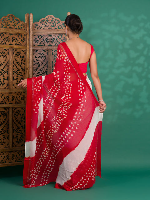 KcPc New Pure Georgette Multi Colour Satin Patta Border Bandhni saree  LAL