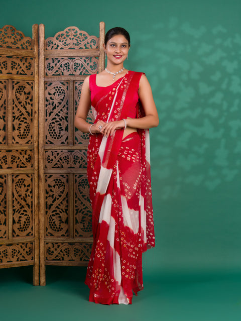 KcPc New Pure Georgette Multi Colour Satin Patta Border Bandhni saree  LAL