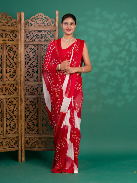 KcPc New Pure Georgette Multi Colour Satin Patta Border Bandhni saree  LAL