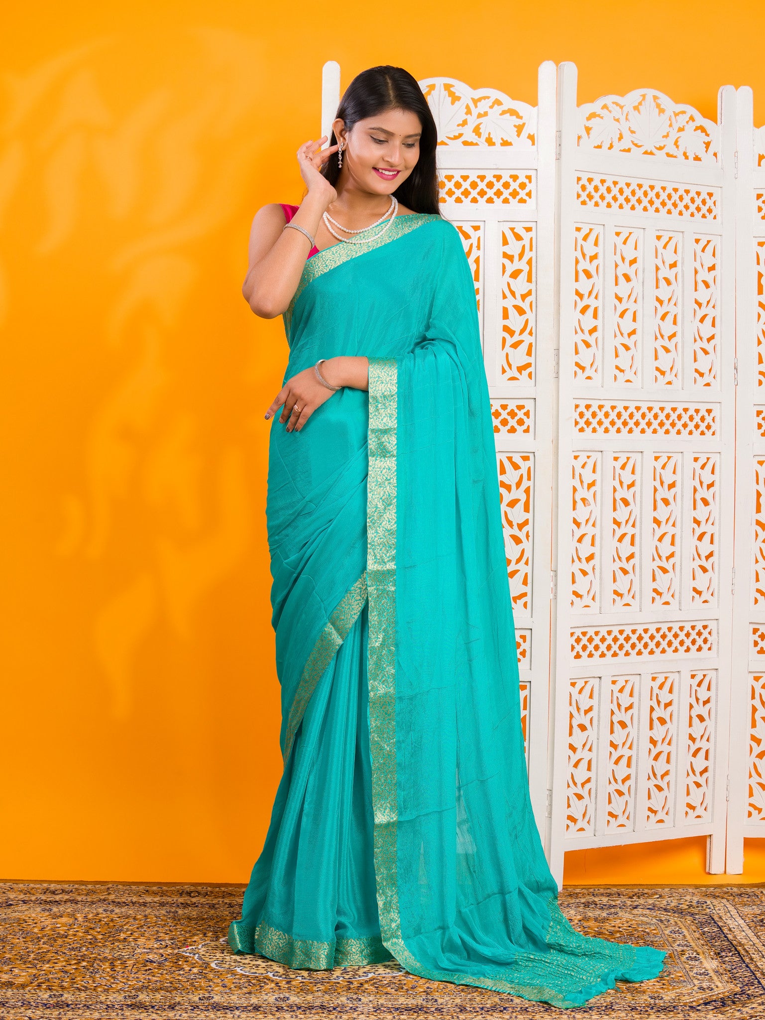 By New Pure Ojariya Chinon Beautiful Zari border Pallu saree