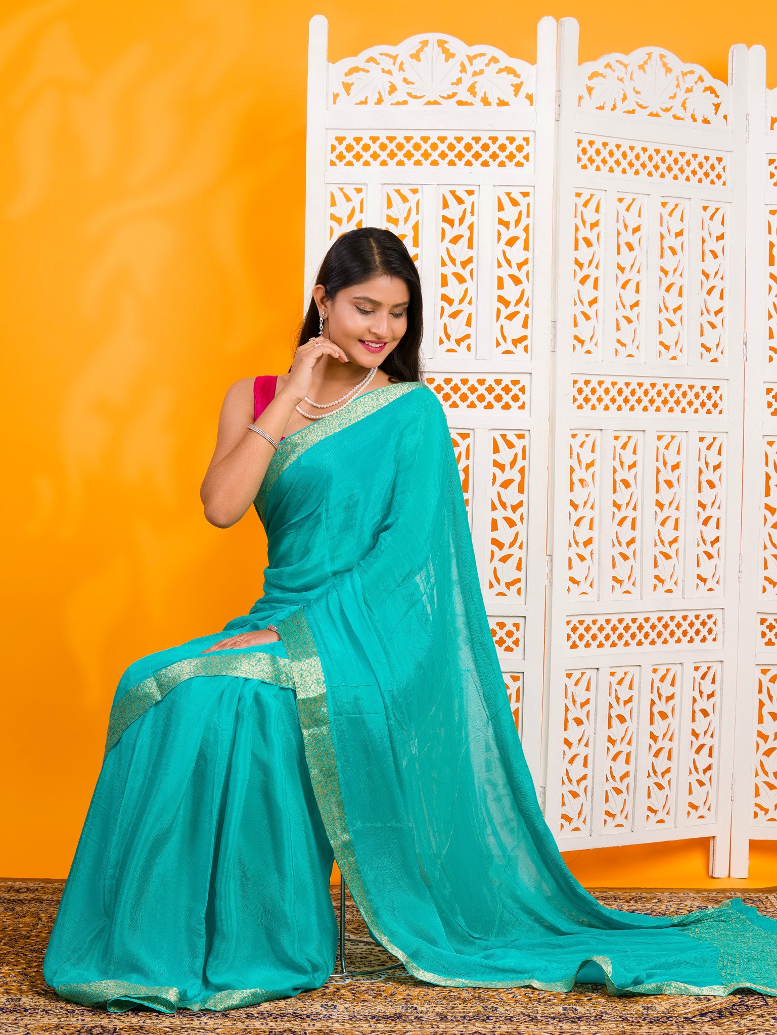By New Pure Ojariya Chinon Beautiful Zari border Pallu saree