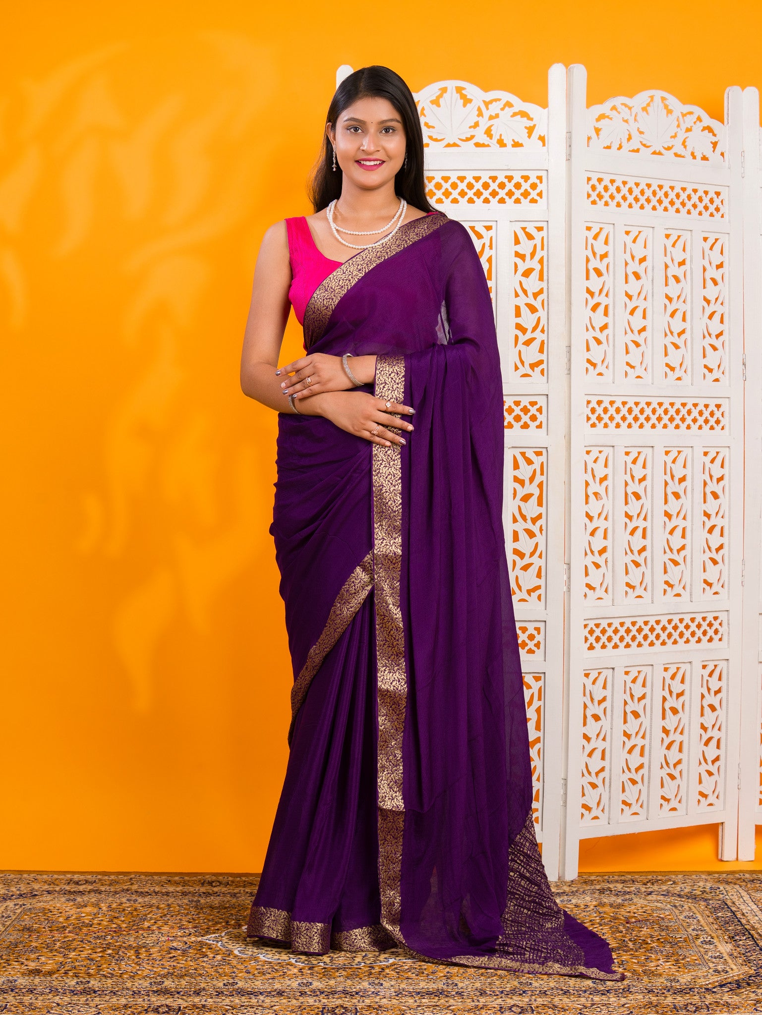 By New Pure Ojariya Chinon Beautiful Zari border Pallu saree