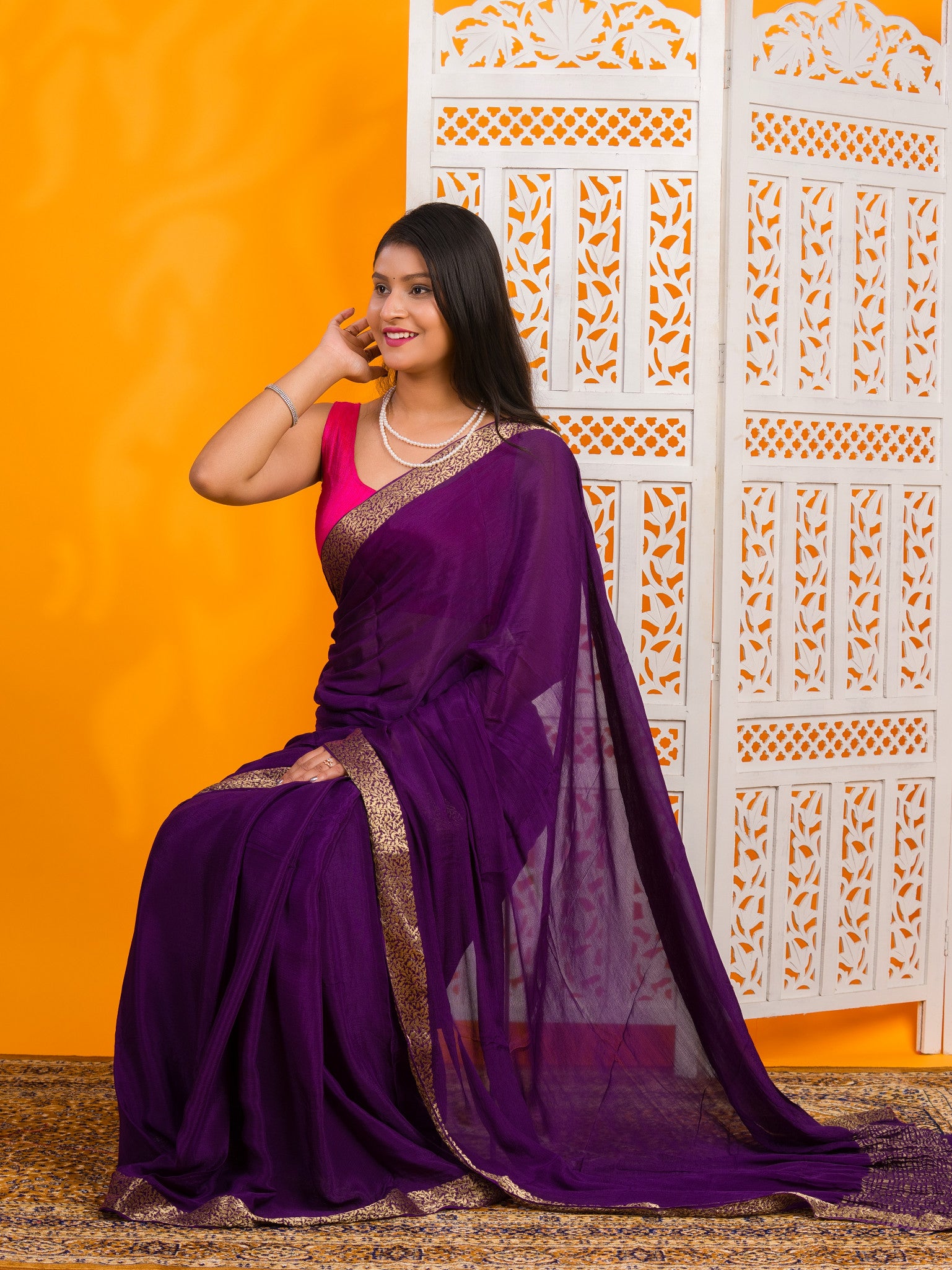 By New Pure Ojariya Chinon Beautiful Zari border Pallu saree