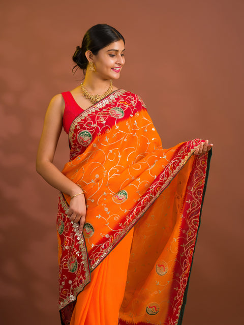 By  Bandhani Saree With Gotapatti Work