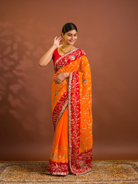 By  Bandhani Saree With Gotapatti Work