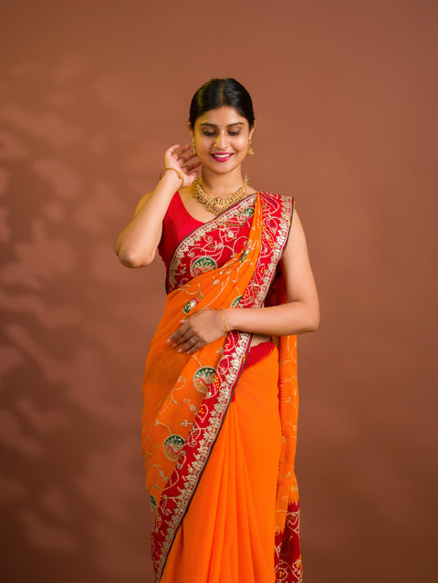 By  Bandhani Saree With Gotapatti Work