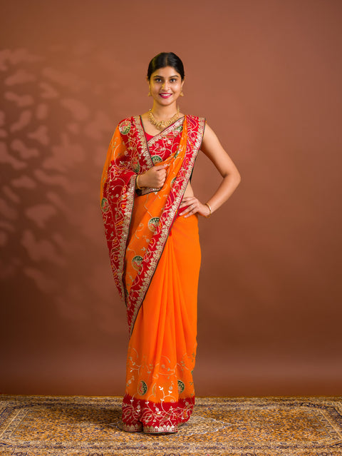 By  Bandhani Saree With Gotapatti Work