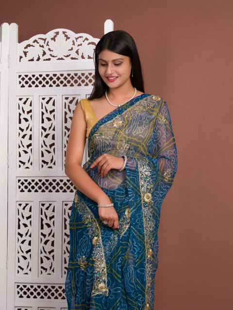 KcPc New Royal Bandhani Georgette Saree With Golden Embellishments Work JAY