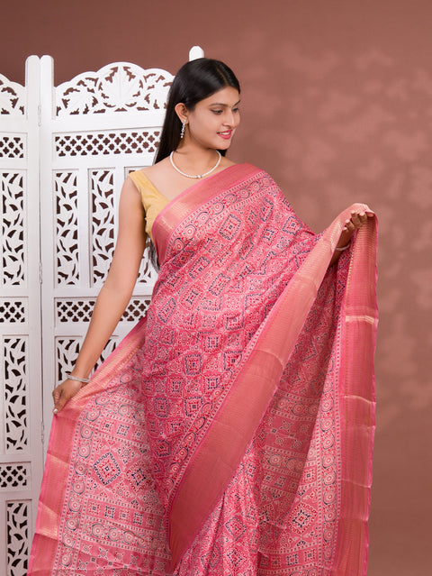 KcPc New Beautiful Cotton silk Ajrakh style With Ajrakh HandPrint Work Saree STL