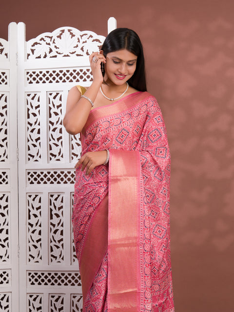 KcPc New Beautiful Cotton silk Ajrakh style With Ajrakh HandPrint Work Saree STL