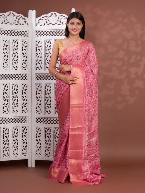 KcPc New Beautiful Cotton silk Ajrakh style With Ajrakh HandPrint Work Saree STL