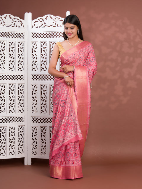KcPc New Beautiful Cotton silk Ajrakh style With Ajrakh HandPrint Work Saree STL
