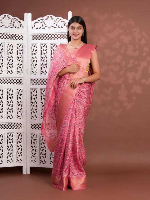 KcPc New Beautiful Cotton silk Ajrakh style With Ajrakh HandPrint Work Saree STL