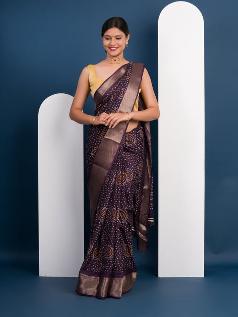 Cotton silk Ajrakh style With Ajrakh HandPrint Work Saree 