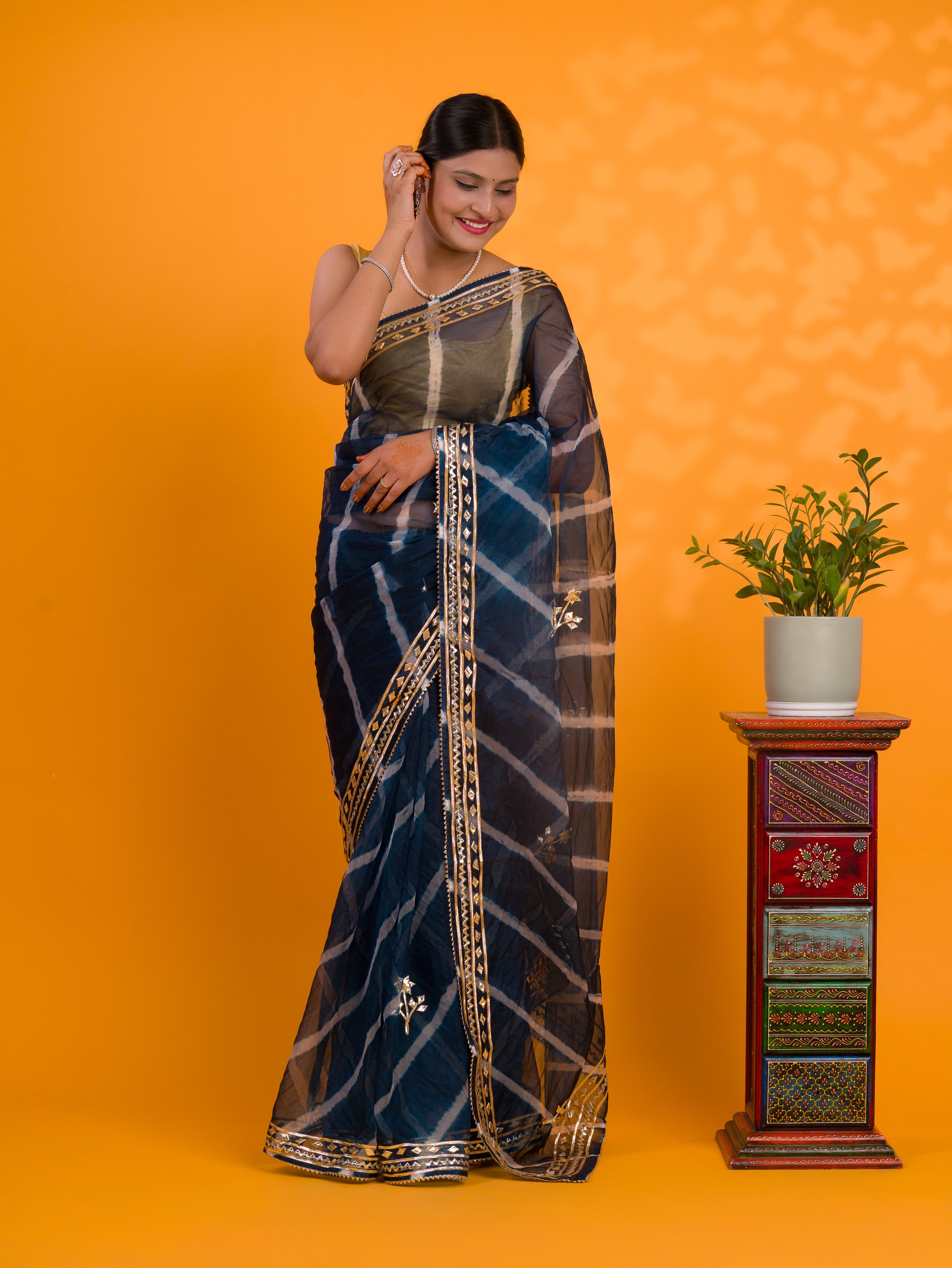  Blue saree with gold borde Organza Leheriya Style With Gotapatti Work 