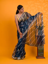  Blue saree with gold borde Organza Leheriya Style With Gotapatti Work 