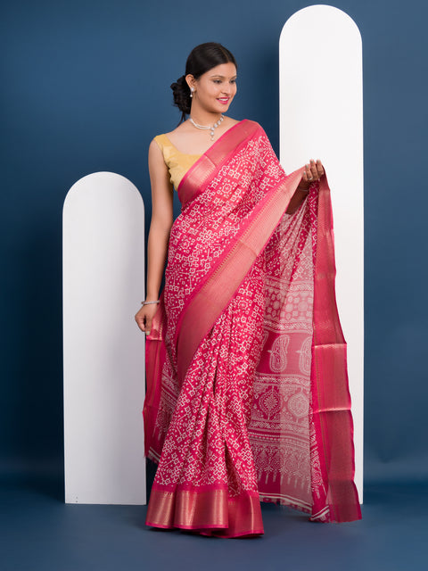 KcPc New Cotton silk Ajrakh style With Ajrakh HandPrint Work Saree STL