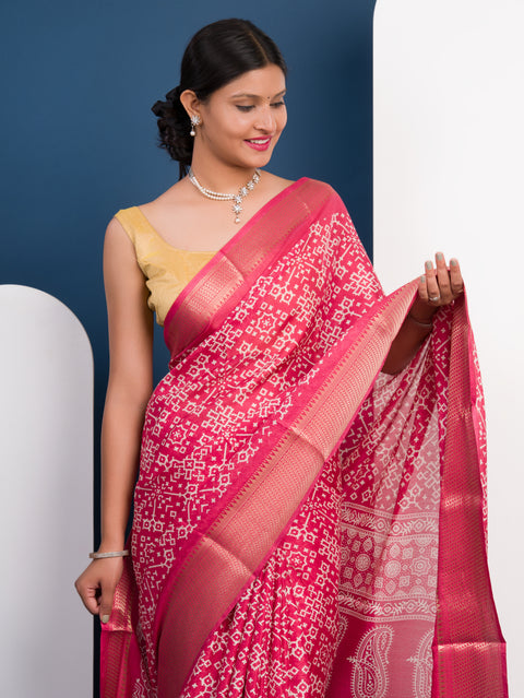 KcPc New Cotton silk Ajrakh style With Ajrakh HandPrint Work Saree STL