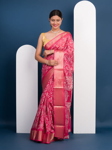 KcPc New Cotton silk Ajrakh style With Ajrakh HandPrint Work Saree STL