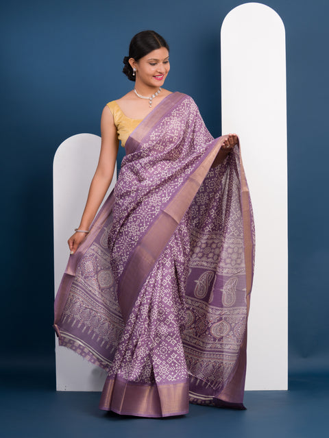 KcPc New Cotton silk Ajrakh style With Ajrakh HandPrint Work Saree STL