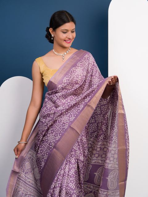 KcPc New Cotton silk Ajrakh style With Ajrakh HandPrint Work Saree STL
