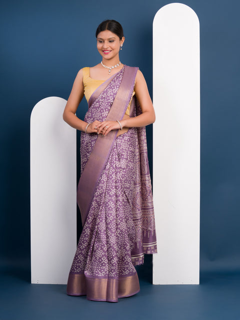 KcPc New Cotton silk Ajrakh style With Ajrakh HandPrint Work Saree STL