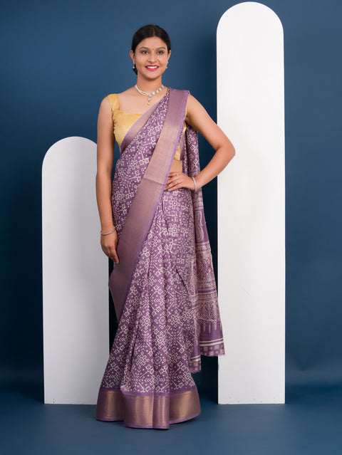 KcPc New Cotton silk Ajrakh style With Ajrakh HandPrint Work Saree STL