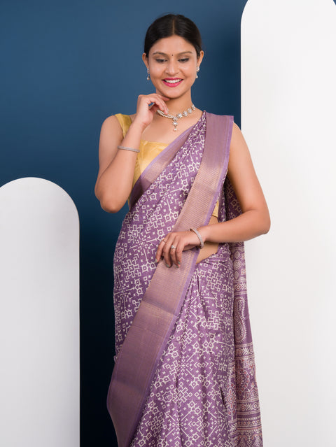 KcPc New Cotton silk Ajrakh style With Ajrakh HandPrint Work Saree STL