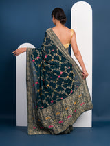 Pure kaddi handloom chiffon saree in green flower print design 