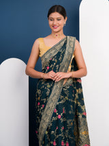 Pure kaddi handloom chiffon saree in green flower print design 