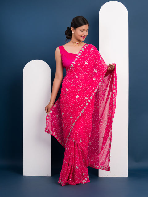 KcPc New Georgette Bandhani Diamond Embroidery Work Saree SWA