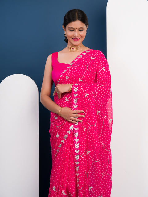 KcPc New Georgette Bandhani Diamond Embroidery Work Saree SWA