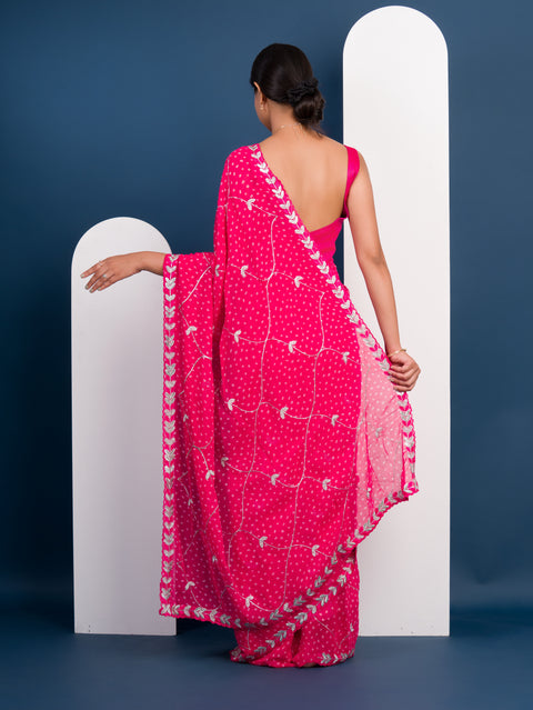 KcPc New Georgette Bandhani Diamond Embroidery Work Saree SWA
